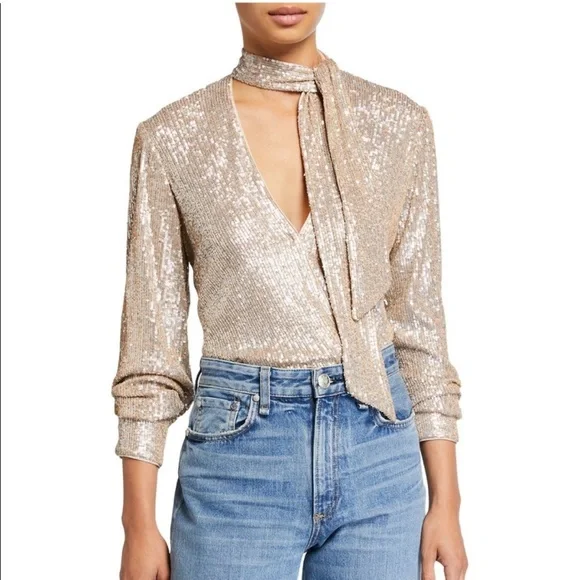 Jonathan Simkhai Sequin Metallic Long Sleeve Tie Neck Champagne Glam Bodysuit XS - Picture 1 of 9